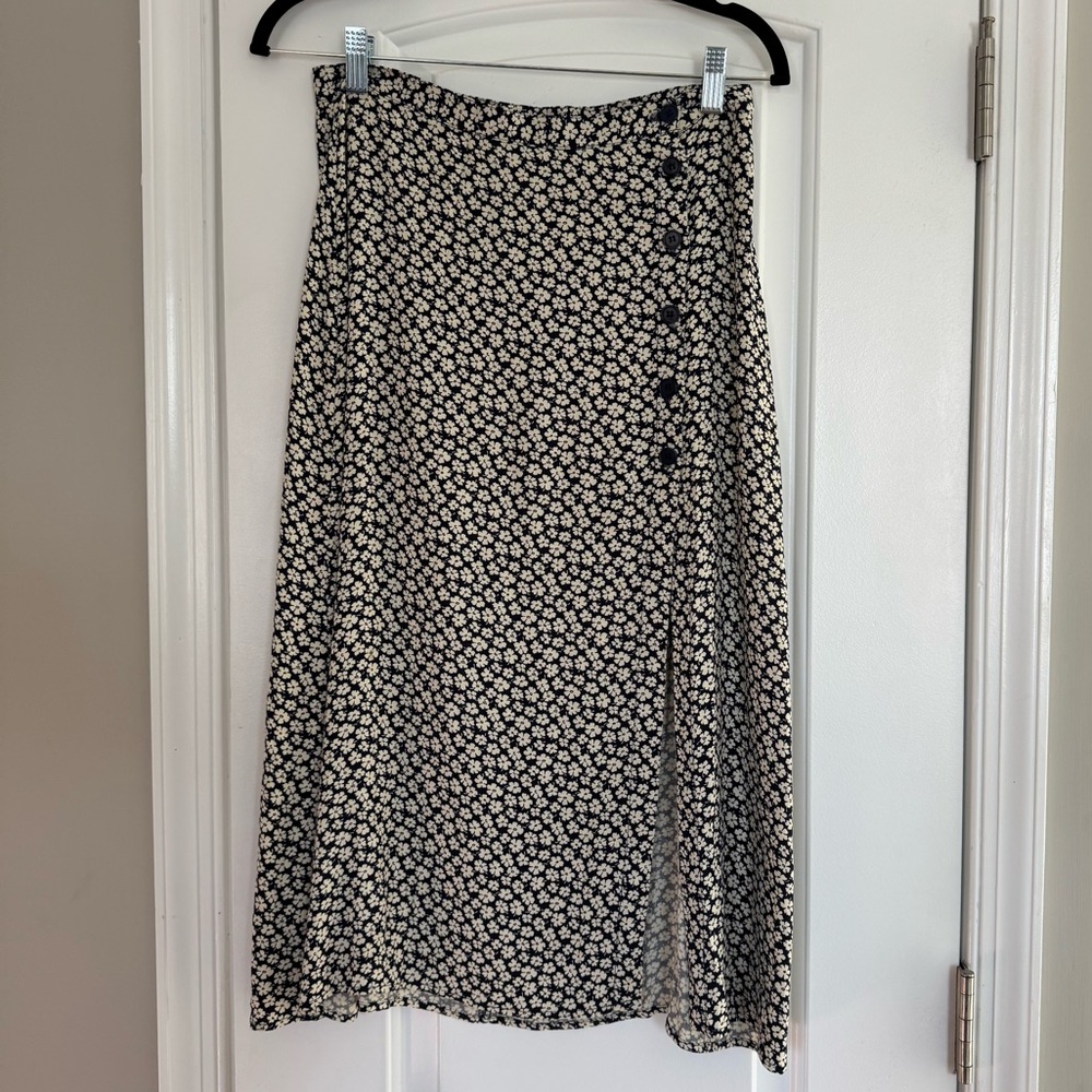 Reformation Zoe midi skirt with buttons and slit, blue floral pattern